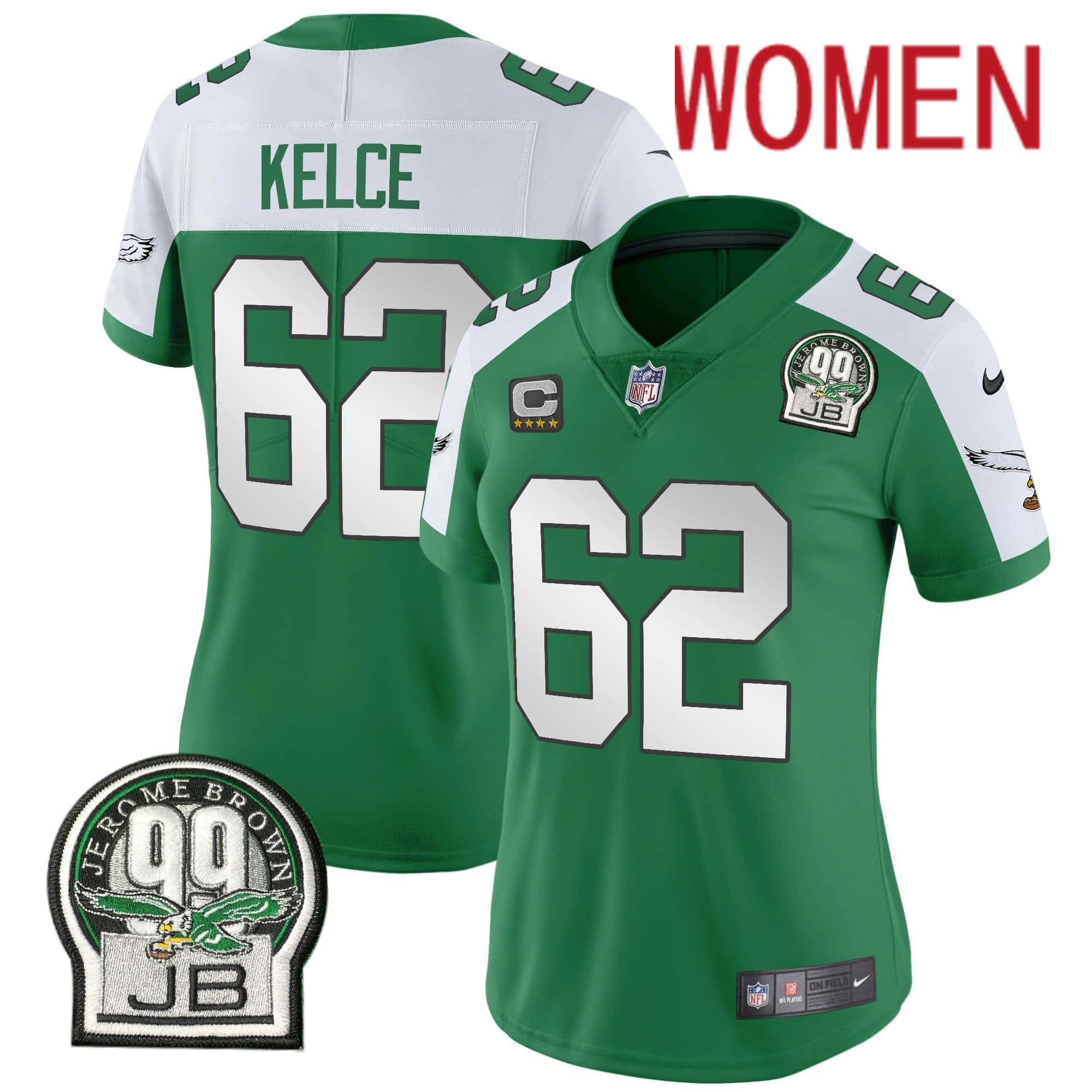 Women Philadelphia Eagles 62 Kelce Green 2024 Nike Jerome Brown Patch Alternate Limited NFL Jersey